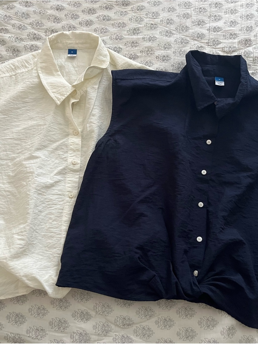 2 Old Navy Women’s Button-Front Blouses — Navy and White